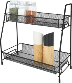 QUVIO Kruidenrekken Staal - Kruidenrek Staand - Kruidenrekken Zwart - Opbergrek - Opbergrekken Breedte Van 25 Tot 50 Cm - Opbergrek Zwart - Keukenrek - Keukenrek Staand 2 Laags - Zwart - Metaal