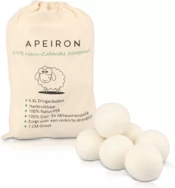 Apeiron Drogerballen - Droogballen - 6 XL Wasbollen - Droger - Duurzaam - Wasmachine - Wasverzachter - Energie Besparen - Zero Waste - Schapenvacht - Wol
