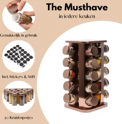Pazzo Goods - Kruidenrek Staand - Kruidenrek Met Potjes - Rose Goud - RVS - Kruidenrek Draaibaar - 20 Kruidenpotjes - Inclusief Stickers & Stift - Kruiden Carrousel -Lifestyleproducten 1174x1200 1