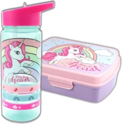 Unicorn Broodtrommel + PET Drinkfles Lichtblauw | Eenhoorn Lunchbox Set Voor Meisjes LS22