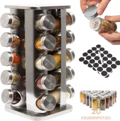 Pazzo Goods - Kruidenrek Staand - Kruidenrek Met Potjes - Zilver - RVS - Kruidenrek Draaibaar - 20 Kruidenpotjes - Inclusief Stickers & Stift - Kruiden Carrousel