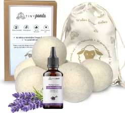 Merkloos Droger Ballen XL 6 Stuks Inclusief Lavendelolie – Zero Waste Dryer Balls - Duurzaam – Wasverzachter – Herbruikbare Drogerballen – Droogt De Was Sneller – Tiny Panda
