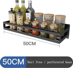 Merkloos Kruidenrek / Opbergrek - RVS - Perforatievrij Aan De Muur Gemonteerd - 50x13x6 Cm - Zwart -Lifestyleproducten 1200x1116