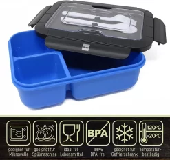 IFancy LUNCHBOX YUMMY - Bento Box 1500ml + Bestek - 3 Compartimenten - BPA Vrij & Lekvrij - Vaatwasser Magnetron & Vriezer - Lunch Box Voor Kinderen & Volwassenen (Blauw) -Lifestyleproducten 1200x1125