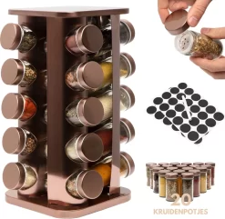 Pazzo Goods - Kruidenrek Staand - Kruidenrek Met Potjes - Rose Goud - RVS - Kruidenrek Draaibaar - 20 Kruidenpotjes - Inclusief Stickers & Stift - Kruiden Carrousel