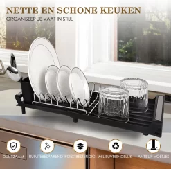 MIRI Afdruiprek – Afwasrek – Uitschuifbaar – Met Lekbak In Gootsteen – Afwas – Roestvrij Staal – Zwart -Lifestyleproducten 1200x1183 5