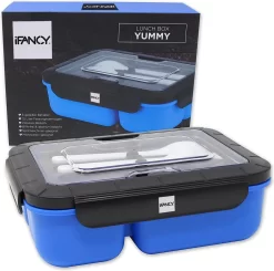 IFancy LUNCHBOX YUMMY - Bento Box 1500ml + Bestek - 3 Compartimenten - BPA Vrij & Lekvrij - Vaatwasser Magnetron & Vriezer - Lunch Box Voor Kinderen & Volwassenen (Blauw) -Lifestyleproducten 1200x1189 3