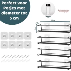 Mmoods Kruidenrek Ophangbaar Zonder Boren - 4 Laags Voor 24 Kruidenpotjes - Speciaal Voor Muur, Wandkast, Kastdeur - Hangende Kruidenorganizer Keuken - Keukenaccessoires -Lifestyleproducten 1200x1200 783