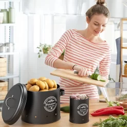 Professionele Bewaardozen - Set Van 3 - Voor Aardappels, Uien En Knoflook - Retro Design - Voorraadcontainer Van Metaal - Keukenopslag - Groentes Bewaren Voor Lange Tijd - Perfect Cadeau Voor In De Keuken -Lifestyleproducten 1200x1200 891