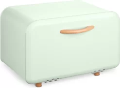 Navaris Metalen Broodtrommel Met Klapdeksel - Vershouddoos Voor Brood - 35 X 24 X 23 Cm - Van Ijzer Met Houten Details In Mintgroen