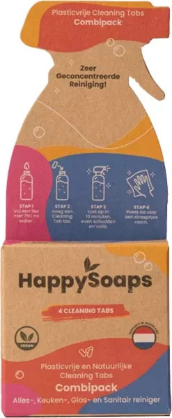 HappySoaps Cleaning Tabs - Combipack Met 4 Verschillende Tabs - Allesreiniger, Keukenreiniger, Glasreiniger En Sanitairreiniger - 100% Plasticvrij, Duurzaam & Vegan -Lifestyleproducten 496x1200