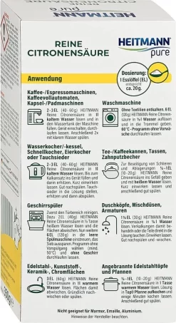 HEITMANN Pure Ontkalker- Citroenzuur Ontkalker, Natuurvriendelijke Kalkreiniger Voor Een Hygiënische Reiniging - Poeder, 1x 350 G -Lifestyleproducten 654x1200